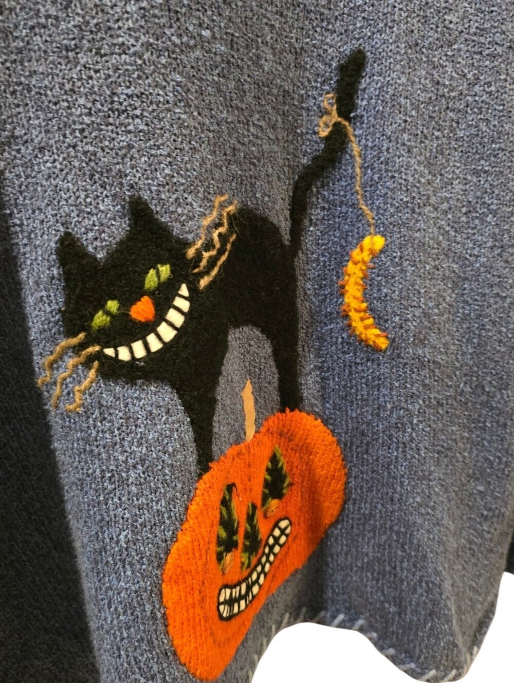 Y2K Vintage Northern Isles Halloween Black Cat Pumpkin Embroidered Blue Sweater - Picture 4 of 11
